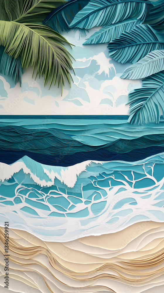 Obraz premium Layered paper art depicting ocean wave breaking on sandy beach, framed by tropical palm leaves, creating a tranquil seascape scene, ideal for summer or travel themes