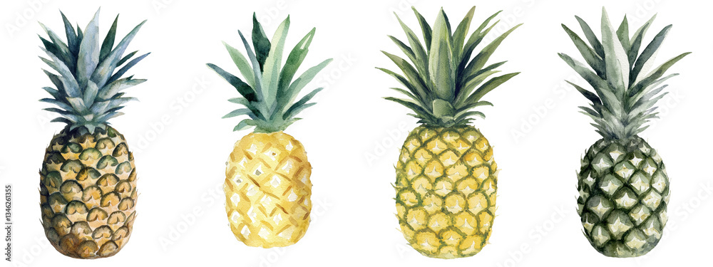 An isolated pineapple is illustrated in watercolor on a clean white background An isolated pineapple is illustrated in watercolor on a clean white background