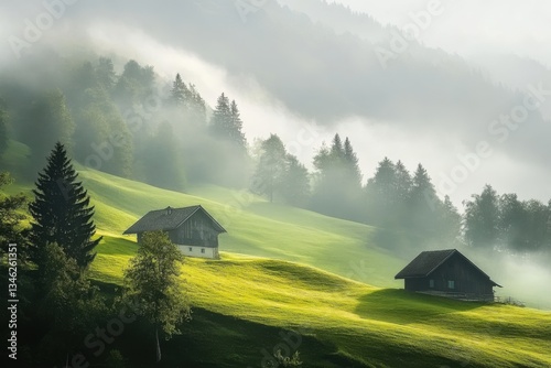 Misty morning in the serene hills with quaint cottages nestled among the lush green pastures