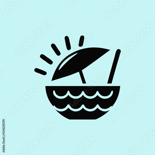 Beach Sunset with Umbrella – Minimalist Vector Icon