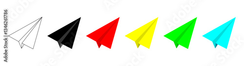 3D Origami paper airplane of different colours icon set. Send message or letter by email. Mail delivery. Social media communication. Cartoon design icons isolated on white. 3D Vector illustration