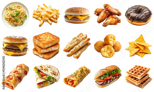 Assorted Fast Foods Including Burgers, Fries, Chicken Wings, Doughnuts, and More on a White Background for Culinary Inspiration and Marketing. Piquant food set.