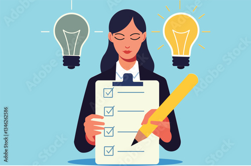 Completing a survey with a lightbulb pencil, symbolizing insightful feedback and innovative ideas. Customer satisfaction, market research, and evaluation concept.