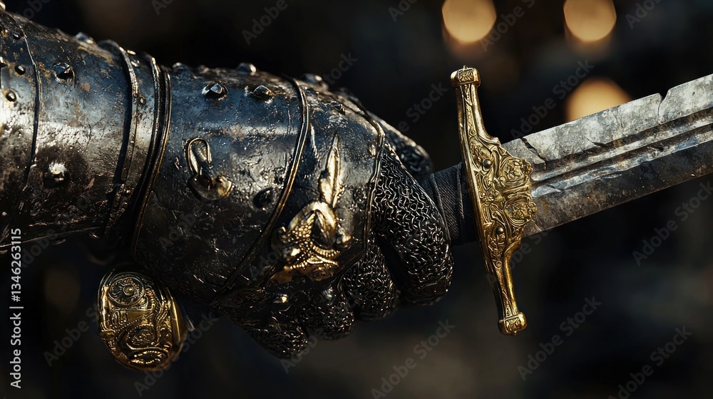 Fototapeta premium A Knight's Hand Gripping a Medieval Sword