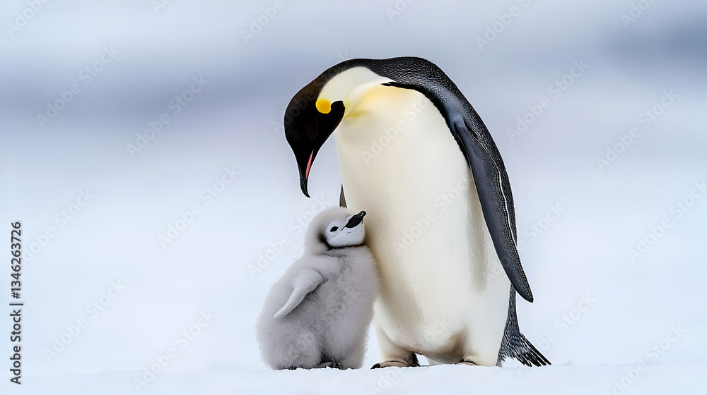 Fototapeta premium Emperor Penguin Parent And Chick On Snow