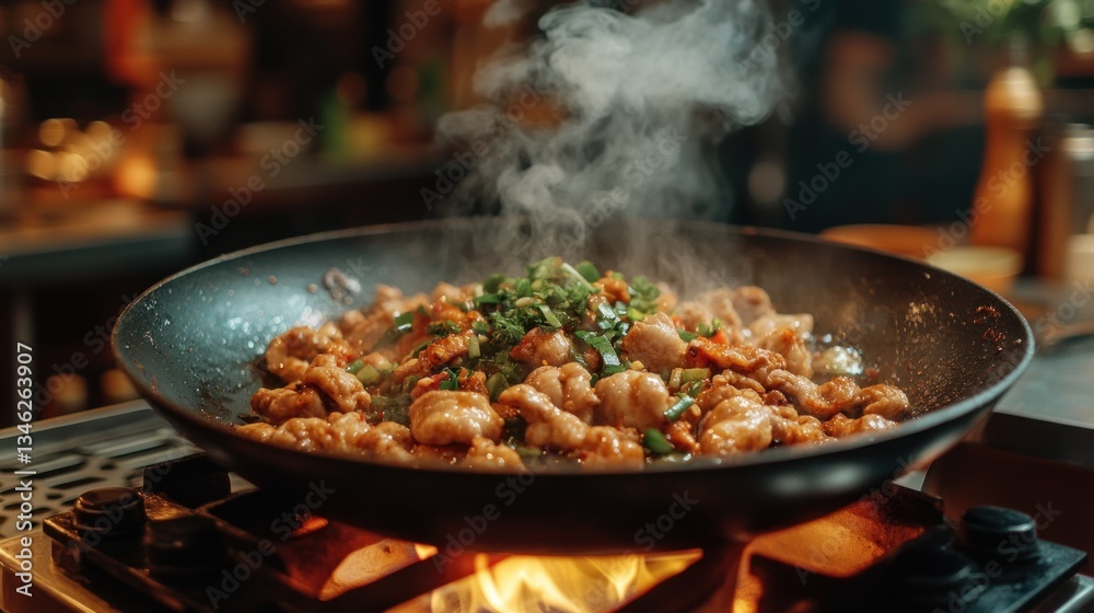 Steaming dish in pan. Stir-fry, chicken, peppers, cooking on burner. Focus on food