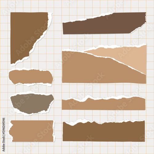 Collection of torn paper pieces in various shades of brown on a grid background. Torn paper textures create a rustic, vintage feel. Ideal for scrapbooking or crafts. Brown element vector set.