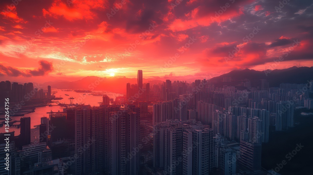 Obraz premium A dramatic red sunset lit up the city skyline, tall buildings towering in the sky, the reds and oranges contrasting brightly.