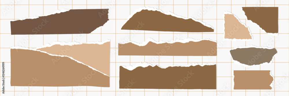 Collection of torn paper pieces in various shades of brown on a grid background. Torn paper textures create a rustic, vintage feel. Ideal for scrapbooking or crafts. Brown element vector set.