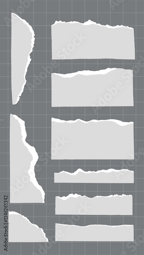Set of torn paper edges on a gray background. Torn paper textures, ripped paper edges, and jagged paper pieces create a dynamic, textured look. Gray element vector set.