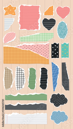 Colorful torn paper pieces with various patterns: stripes, polka dots, grids. Shapes include hearts, stars, rectangles. Vibrant, decorative paper scraps. Colorful patterned element vector set.