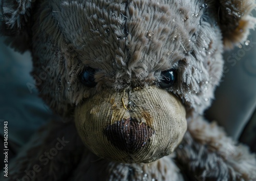 Worn teddy bear with a weathered appearance and nostalgic charm.