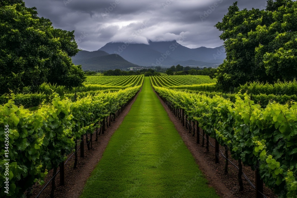 Naklejka premium A charming vineyard in Tasmania, with rows of grapevines stretching towards a distant mountain range