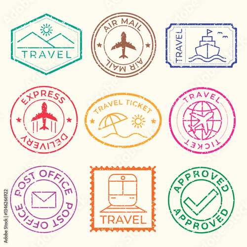 Colorful travel stamps with travel themes like airplanes, ships, and tickets. Travel stamps for travel documents, travel souvenirs, and travel collections. Colorful travel stamps, vector set.