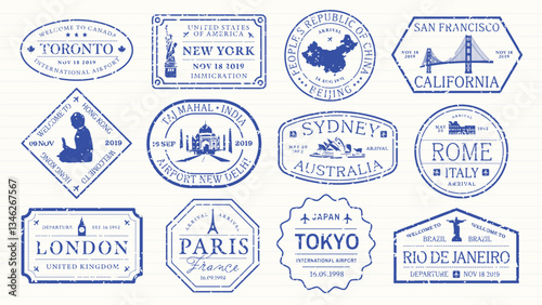 Blue travel stamps with travel icons like planes, ships, and tickets. Travel-themed stamps for air mail, travel tickets, and summer escape designs. Blue travel stamps, vector set.