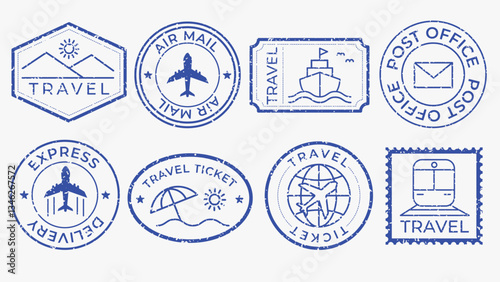 Blue travel stamps with travel icons like planes, ships, and tickets. Travel-themed stamps for air mail, travel tickets, and summer escape designs. Blue travel stamps, vector set.