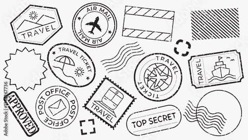 Collection of travel-themed stamps. Travel icons like planes, ships, and tickets. Stamps for travel, airmail, and top secret documents. Travel stamps galore. Black travel stamps, vector set.