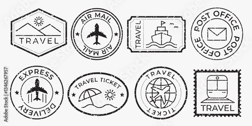 Collection of travel-themed stamps. Travel icons like planes, ships, and tickets. Stamps for travel, airmail, and top secret documents. Travel stamps galore. Black travel stamps, vector set.