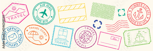 Colorful travel stamps featuring travel themes like air mail, summer escape, and travel tickets. Vibrant travel icons and travel motifs in various shapes. Colorful travel stamps, vector set.