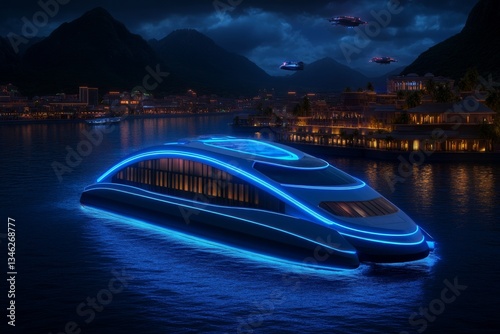 Wallpaper Mural A cyberpunk version of Marseille, where neon lights reflect in the Mediterranean harbor and flying ships hover over the city Torontodigital.ca