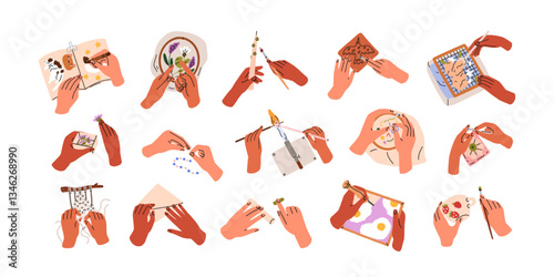 Craftwork, crafts set. Artisans hands making handmade works. Different handicraft hobbies, creative handcrafts, needleworks. DIY needlecrafts. Flat vector illustration isolated on white background