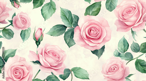 Watercolor pastel pink rose flowers and green leaves pattern on a vintage background.