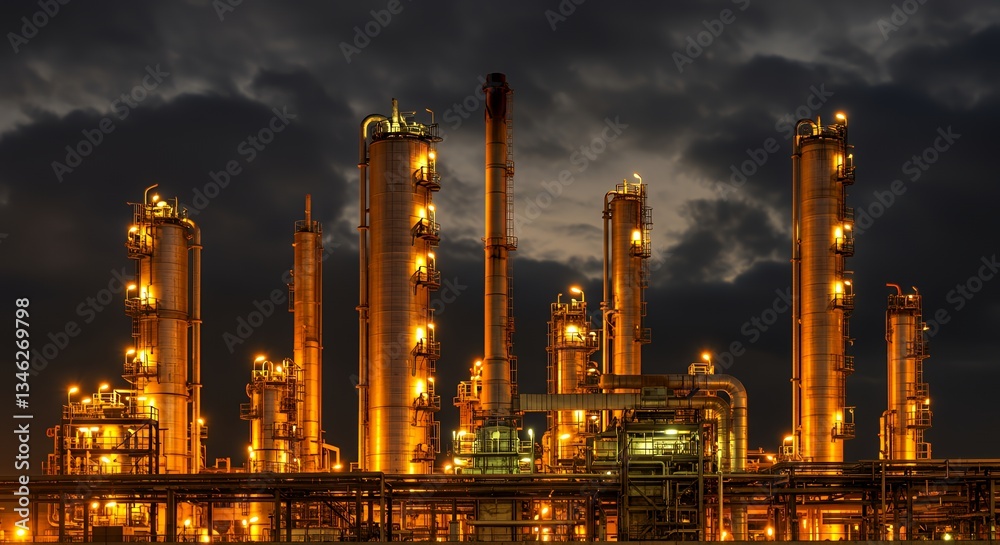 Fototapeta premium Industrial Refinery at Night Under a Dramatic Sky