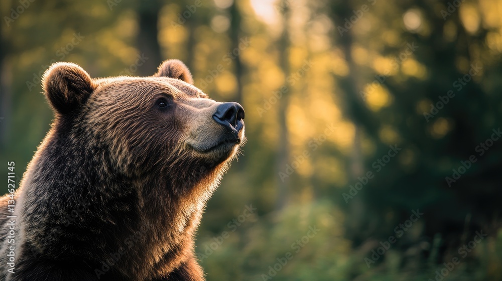 Obraz premium Majestic Brown Bear Gazing at Sunlit Forest in Soft Evening Light
