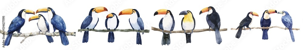 Fototapeta premium A tropical bird scene featuring toucans is presented as a watercolor illustration on a white background