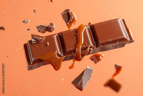 Floating Chocolate Bar with Gooey Caramel on Coral Background