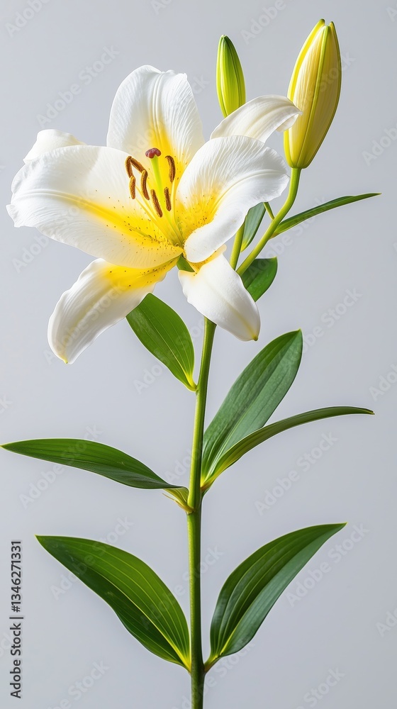 Fototapeta premium Elegant white lily flower with buds isolated on soft background