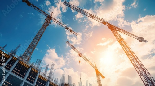 Construction Cranes at a Building Site Under Sunny Sky photo