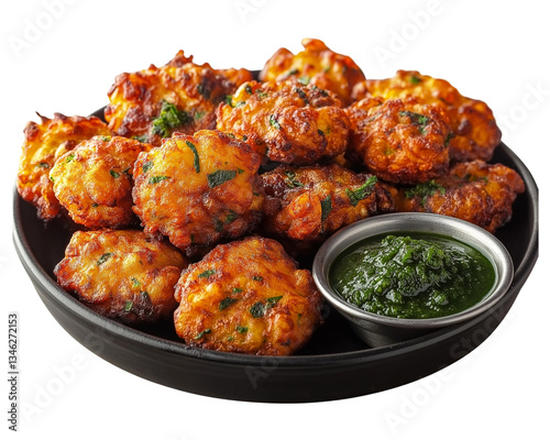 A steaming hot plate of pakoras, crispy and golden, with thin slices of onion and spinach visible, served with a side of green chutney,