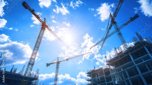 Construction cranes over a skyscraper under a blue sky photo
