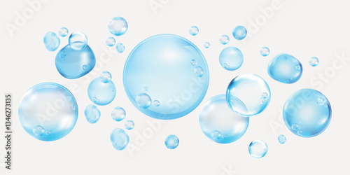 Floating blue bubbles on a white background. Various sizes of blue bubbles create a light, airy feel. Blue bubbles add a whimsical touch to the design. Soap bubble element vector set.