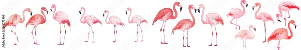 Obraz premium This set consists of a watercolor painting of flamingos in pink, placed on a white background