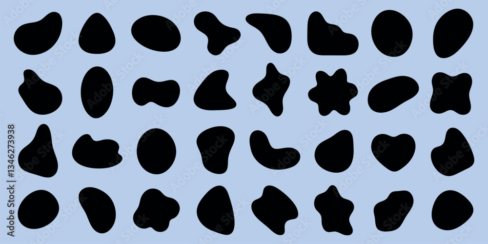 Fototapeta premium Abstract black shapes on a light blue background. Various organic shapes, abstract and irregular. Black shapes contrast with blue. Abstract art, organic forms. Black shape vector set.