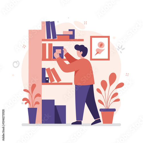 Man organizing books during house spring cleaning in a cozy indoor setting
