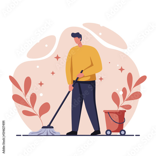 Man mopping floors with a cheerful expression in a spring cleaning setting