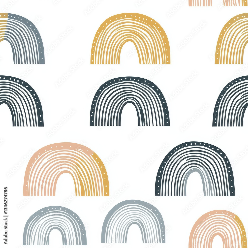 Naklejka premium Minimalist seamless pattern with hand drawn rainbows in soft pastel tones on white background