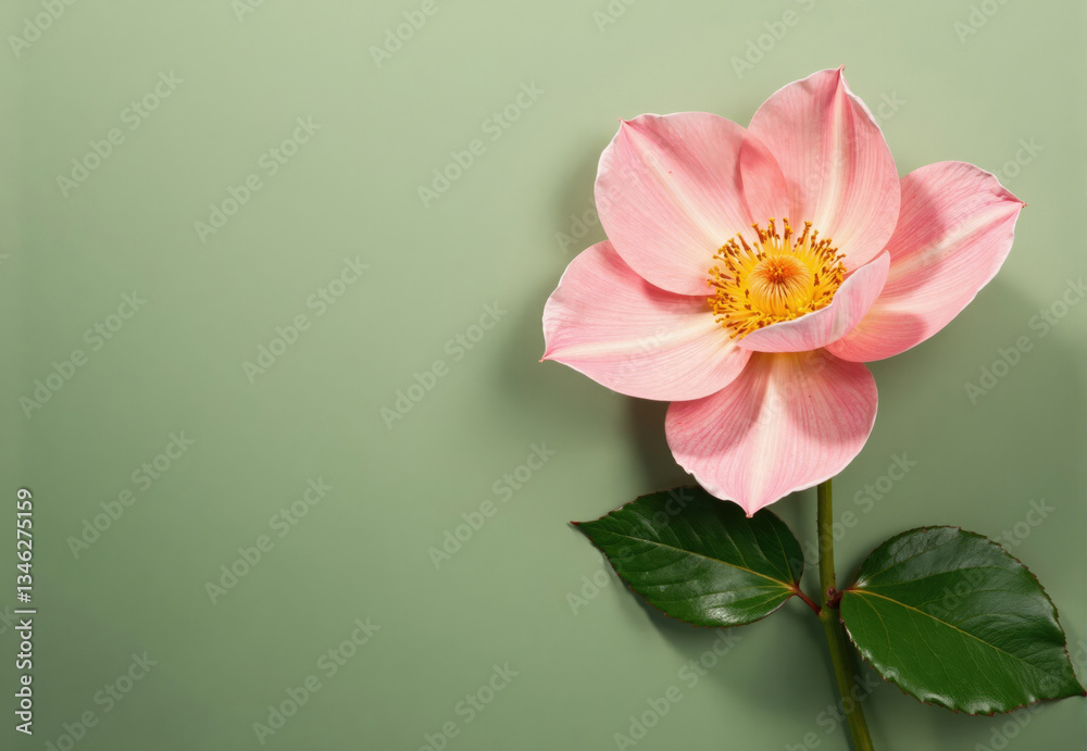 Fototapeta premium Pink Flower with Green Leaves on Sage Green Background