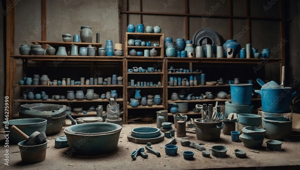 Collection of molds and tools arranged neatly for the production of high-temperature ceramics Collection of molds and tools arranged neatly for the production of high-temperature ceramics
