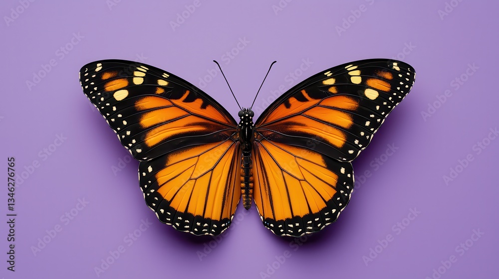 Fototapeta premium Vibrant Monarch Butterfly Displayed on Soft Purple Background in Perfect Symmetry