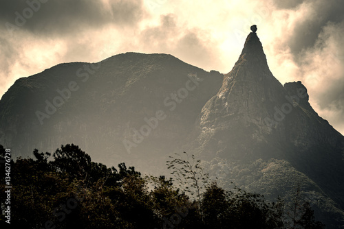 Mystical view of the legendary Pieter Both, also known as Peter Botte Mountain, in the center of Mauritius, with it's characteristic menhir feature