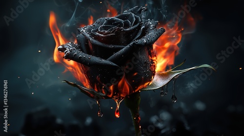 Fototapeta Naklejka Na Ścianę i Meble -  Black rose engulfed in flames with water droplets and smoke effects on a dark background