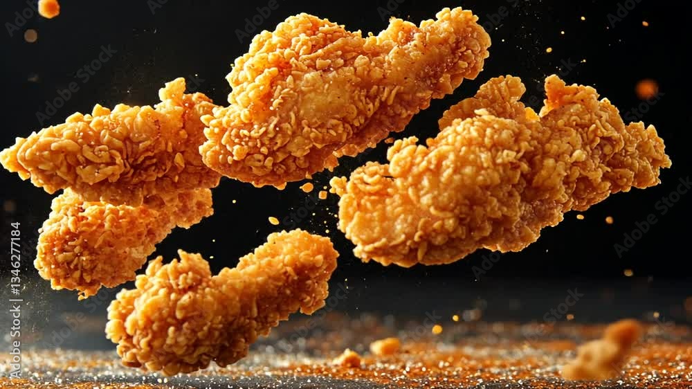 Delicious crispy fried chicken tenders floating in the air on a dark background