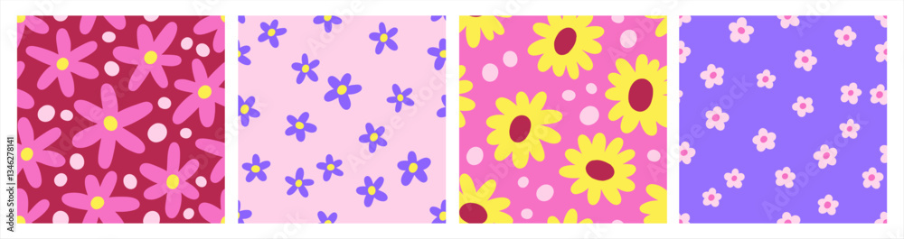 Seamless daisy patterns set with groovy floral design. Endless repeatable textures, backgrounds, simple flower prints for spring and summer fabric, textile, wrapping. Colored flat vector illustration