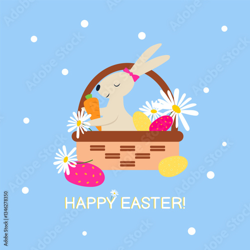 Spring  vector card or poster illustration template with cute bunny in a basket with daisies and eggs. Happy Easter. Seasons greetings inscription.
