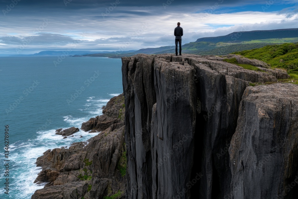 Fototapeta premium A hiker standing atop a rocky cliff in Tasmania, admiring the panoramic view of the coastline