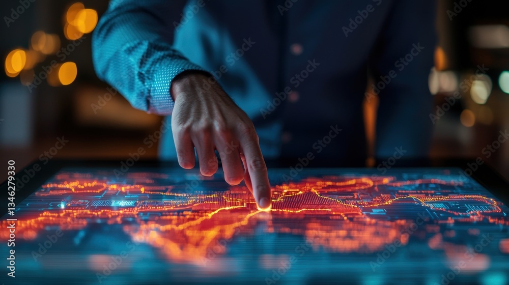 Naklejka premium Strategic planning leadership optimization concept. Interactive touchscreen with data visualization and hand gesture.